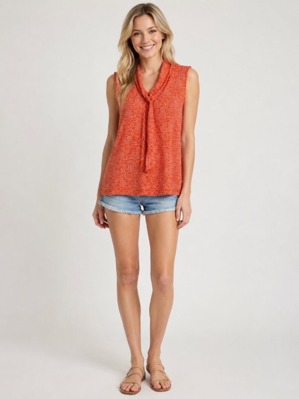 2/$30 Banana Republic Dotted Print Draped Bow V-Neck Top Petite Orange XS #A2358
